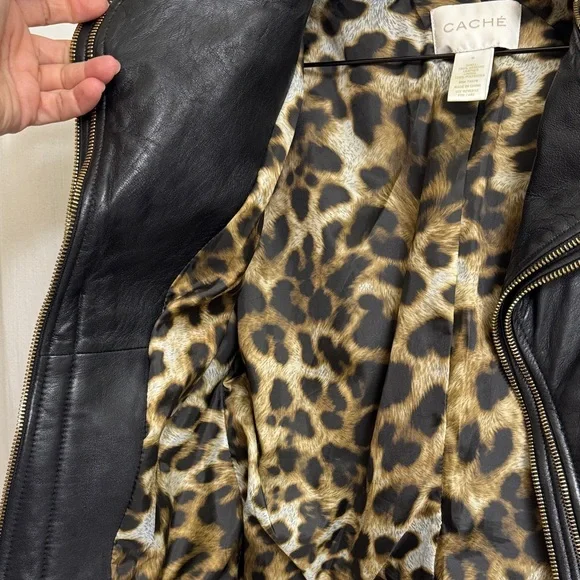 Cache Black Leather Jacket with Leopard Lining - Picture 4 of 9